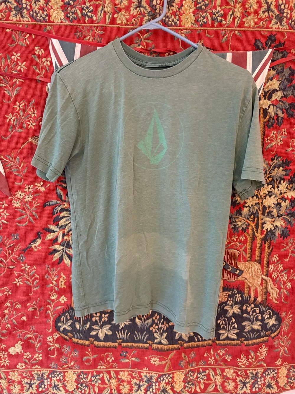 Volcom Distressed Teal Green Short Sleeve Graphic Crew Tee